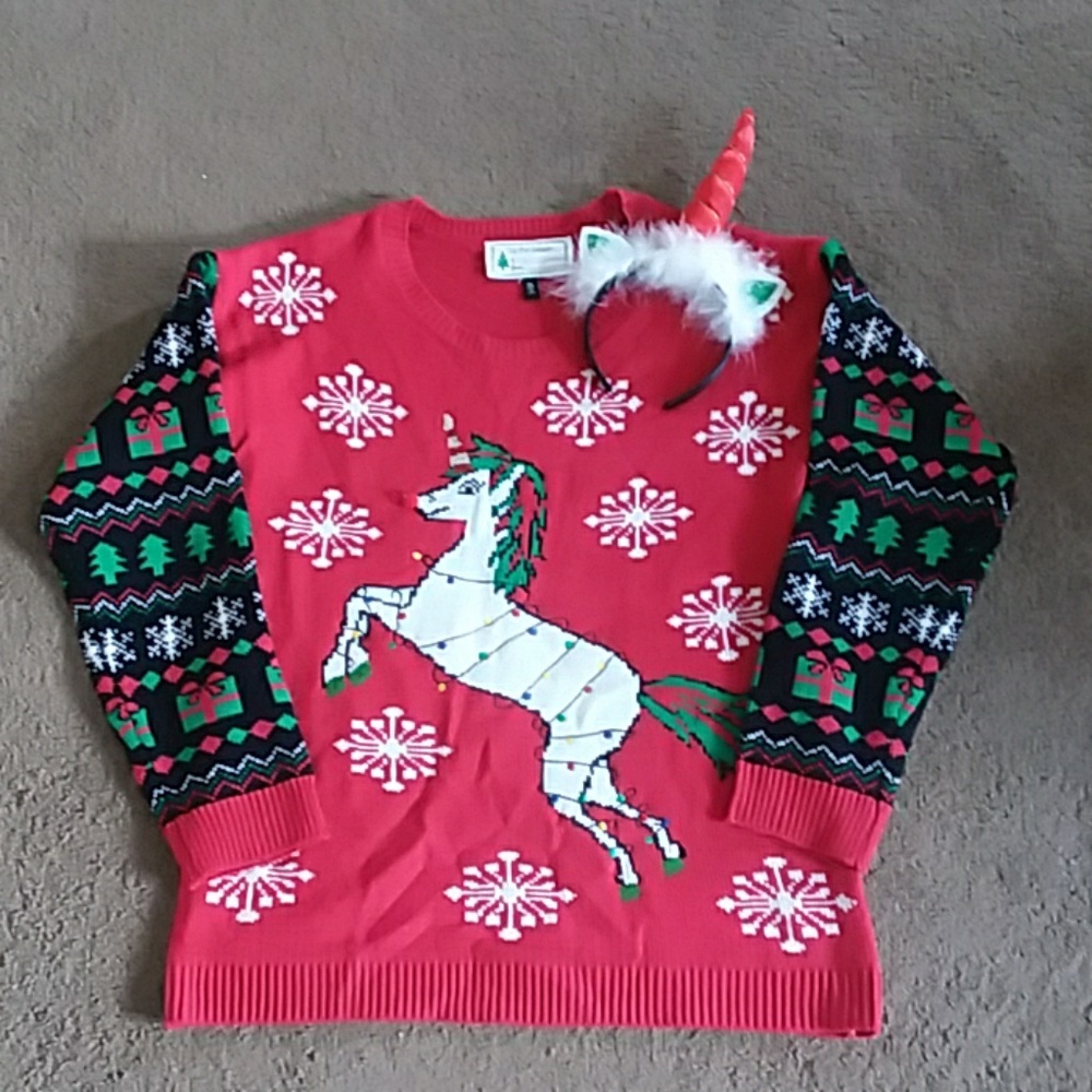 Unicorn Ugly Christmas Sweater & Horn Headband  NW